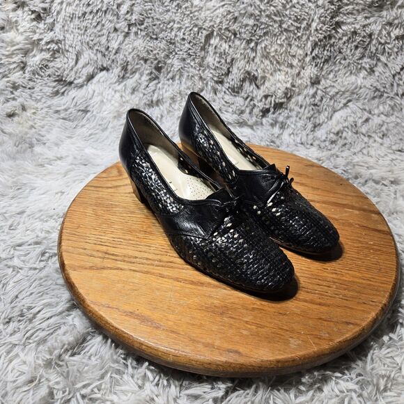 Vintage Handmade Women Size 7-7.5 Black Oxford Heel Woven Toe Shoe Made In Japan - Picture 1 of 9